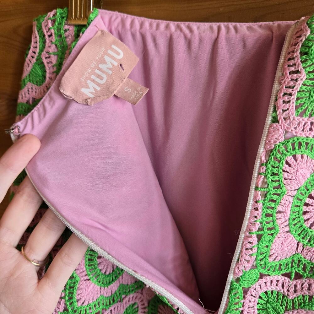 Show Me Your Mumu Skirt Flower Power Mini Crochet Pink Green S Preppy Pink Green - Picture 5 of 5